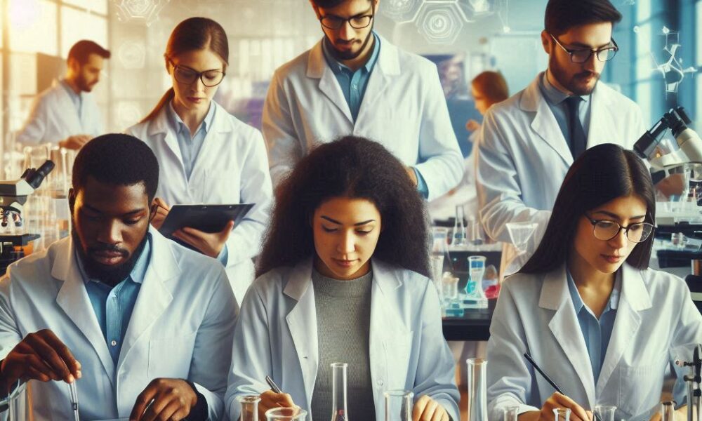 "A scientist wearing a lab coat examines a test tube filled with a liquid substance. The perspective is from the scientist's point of view, looking down at their gloved hands holding the test tube against the backdrop of a well-equipped laboratory. Various pieces of scientific equipment, including beakers, microscopes, and chemical bottles, are visible on the lab bench in the background."