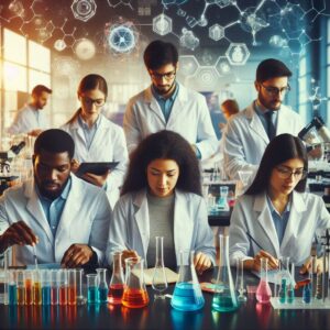 "A scientist wearing a lab coat examines a test tube filled with a liquid substance. The perspective is from the scientist's point of view, looking down at their gloved hands holding the test tube against the backdrop of a well-equipped laboratory. Various pieces of scientific equipment, including beakers, microscopes, and chemical bottles, are visible on the lab bench in the background."